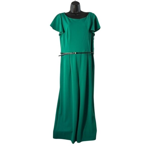 Green Wide-Leg Jumpsuit With Short Flutter Sleeves & Belted Waist Back Zipper - Picture 1 of 13